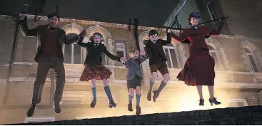  ??  ?? Lin-Manuel Miranda, left, Pixie Davies, Nathanael Saleh, Joel Dawson and Emily Blunt take a leap of faith in Mary Poppins Returns.