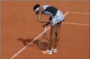  ?? MICHEL EULER — THE ASSOCIATED PRESS ?? Venus Williams of the U.S. leans on her racket after missing a shot against Timea Bacsinszky of Switzerlan­d during their fourth round match of the French Open tennis tournament at the Roland Garros stadium, in Paris, France. Sunday, June 4, 2017.