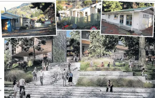  ?? IMAGES: SUPPLIED/PHOTOS: GUY WILLIAMS ?? Shiny and new . . . Concept designs for the Lakeview site. Top: Boardedup cabins in Thompson St, and (right) the former toy library.