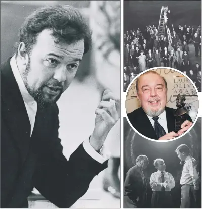  ??  ?? Sir Peter Hall, main picture and inset, with RSC Aldwych staff in 1961, top right. Above right, Michel Saint-Denis, Peter Brook and Sir Peter on the set of A Midsummer Night’s Dream in 1962. Tributes have been paid following the RSC founder’s death...