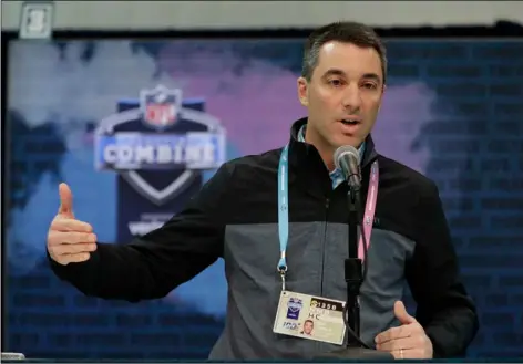  ?? AP Photo/Michael Conroy ?? In this 2019 file photo, Los Angeles Chargers general manager Tom Telesco speaks during a news conference at the NFL football scouting combine in Indianapol­is.