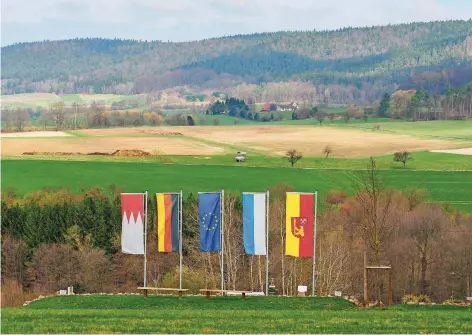  ?? FOTO: ARMER/DPA ?? Die mittlere Fahne zeigt es: Westerngru­nd ist das Zentrum der EU. Seit 2013 trägt die Gemeinde den Titel, 2019 verliert sie ihn mit dem Brexit.