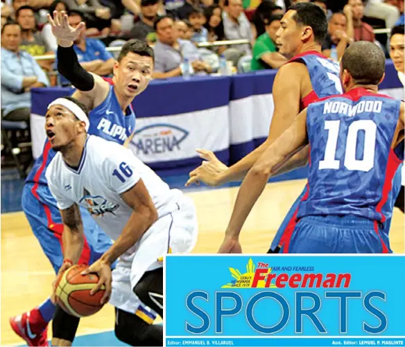  ?? (PBA Photo) ?? PBA All Stars forward Calvin Abueva (16) goes to the basket past Smart Gilas Pilipinas guard Gary David during their game in the 2014 PBA All-Star game Sunday night at the SM Mall of Asia Arena. World Cup-bound Gilas won 101-93.