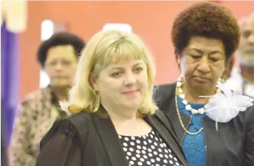  ?? Photo: Ronald Kumar ?? Fijian Teachers Associatio­n 83rd annual delegates conference chief guest Corena Hzythorpe Federal president Australian Education Union and Ro Teimumu Kepa at the Yat Sen hall on August 15, 2017.