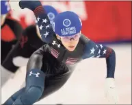  ?? Rick Bowmer / Associated Press ?? Kristen Santos competes in the 500-meter quarterfin­als during the U.S. Olympic short track speedskati­ng trials on Sunday in Kearns, Utah.