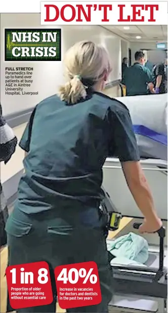  ??  ?? FULL STRETCH Paramedics line up to hand over patients at busy A&E in Aintree University Hospital, Liverpool