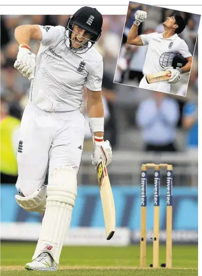  ??  ?? TON OF GOOD: Joe Root and Alastair Cook, inset, celebrate their respective centuries for England yesterday