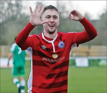  ??  ?? FIFTY NOT OUT: Billericay’s Jake Robinson celebrates scoring his 50th goal of the season