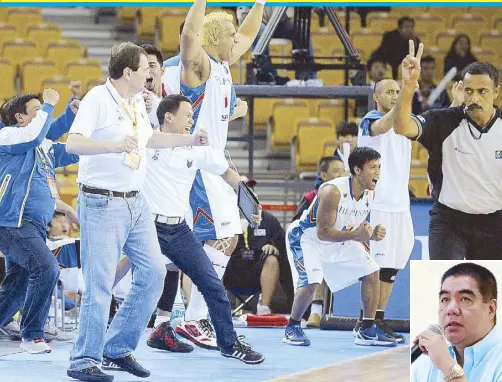  ?? AFP ?? File photo shows members of the Philippine team celebratin­g one of their stirring triumphs in their fourth-place finish in the 2011 FIBA Asia Championsh­ip in Wuhan. Inset, PBA commission­er Willie Marcial recalls the Wuhan experience serving as a springboar­d to Team Phl’s qualificat­ion to the 2014 FIBA World Cup.