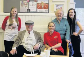  ??  ?? All smiles Here and Now project worker Becky Mitchell with local residents Olivia Whyte, Chloe Allison, Andrew Rodger and Barbara Graham