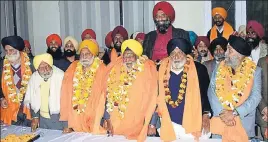  ?? SAMEER SEHGAL/HT ?? (From left) Amarjit Singh Banga, Bhag Singh Ankhi, Sawinder Singh Kathunanga­l, Nirmal Singh, Rajmohinde­r Singh Majitha and Surinder Singh Rumalian Wala after election on Sunday.