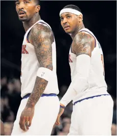  ?? AP ?? IT’S BEEN A LONG TIME: J.R. Smith (left) and Carmelo Anthony, on the Knicks together in 2013, also played for coach George Karl on the Nuggets.