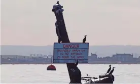  ?? Photograph: James Bell/Alamy ?? The mast of the wreck of the SS Richard Montgomery in the Thames displaying a warning sign, with Sheerness visible in the background.