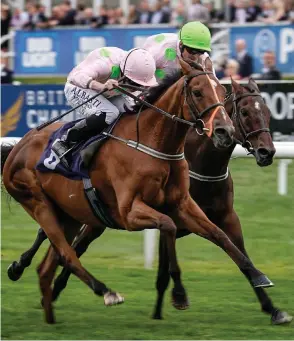  ?? ALAN CROWHURST/ GETTY IMAGES ?? Ryan Moore steers Thomas Hobson (left) to victory ahead of stablemate Max Dynamite (Andrea Atzeni) to give trainer Willie Mullins a 1-2 in yesterday’s Doncaster Cup SEE REPORT BELOW