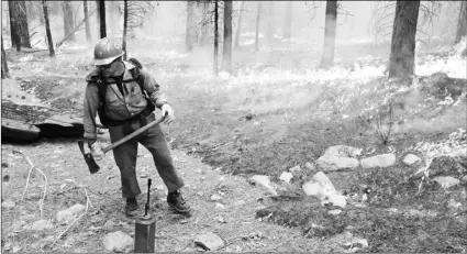  ??  ?? In this June 11 photo, firefighte­r Matthew Dunagan stands watch as flames spread during fire in Cedar Grove at Kings Canyon National Park, Calif. AP PHOTO/BRIAN MELLEY