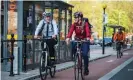  ??  ?? Greater Manchester’s first on-highway segregated cycleway opened in April 2016, cycling on the route has more than doubled and registers over 5,000 bikes each day. Photograph: Livia Lazar/ Sustrans