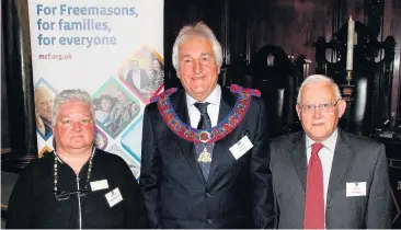  ??  ?? Pictured, from left to right, are Sarina Martin, of Loughborou­gh Sea Cadets, Peter Kinder, of Leicesters­hire and Rutland Freemasons and David Lewin, of Reynard Chapter of Royal Arch Masons.