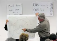  ??  ?? ABOVE: Ed Hughs of Nara Visa shows members of the community the roughly 50-mile radius that would be contaminat­ed if a nuclear waste incident occurred in a deep borehole in Eastern New Mexico. The circle spans five counties and part of the Texas...