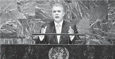  ?? PRESIDENCI­A ?? Iván Duque, presidente de Colombia, durante su intervenci­ón en la Asamblea General de la ONU.