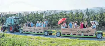  ?? FOTO: DBT ?? Mit dem „Obstkistle“unterwegs: Bei den Apfelwoche­nevents geht es auf in die Plantagen.