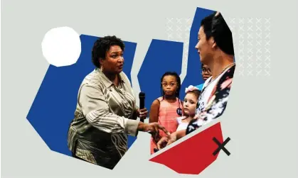  ?? Composite: Guardian Design/ Zuma Press Wire/Rex/Shuttersto­ck ?? From red to purple … Stacey Abrams campaigns in Dalton, Georgia.