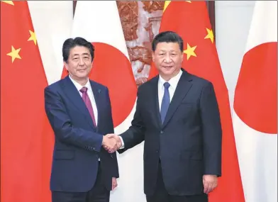  ?? LI TAO / XINHUA ?? President Xi Jinping meets with Japanese Prime Minister Shinzo Abe in Beijing on Friday.