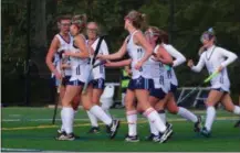  ?? BILL RUDICK — FOR DIGITAL FIRST MEDIA ?? Villa Maria celebrates a goal by Margaret Carden Thursday against Bishop Shanahan.