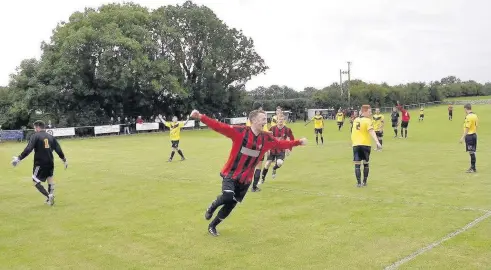  ??  ?? Andy Williams celebrates scoring for Bro Goronwy earlier this season against Aberffraw. Williams was on the mark last Saturday as Bro triumphed at Nefyn United in the Gwynedd Cup