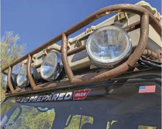  ??  ?? Extra storage and lights up top help Tetreau when on offroad adventures.