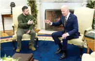  ?? (AP photo/Patrick Semansky, File) ?? President Joe Biden speaks with Ukrainian President Volodymyr Zelenskyy Dec. 21, 2022, as they meet in the Oval Office of the White House in Washington. Support among the American public for providing Ukraine weaponry and direct economic assistance has softened as the Russian invasion nears a grim one-year milestone.