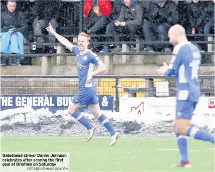  ??  ?? Gateshead striker Danny Johnson celebrates after scoring the first goal at Bromley on Saturday PICTURE: EDMUND BOYDEN