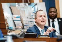  ?? Nathan Howard/associated Press ?? Rep. Adam Schiff, D-calif., sits by a photo depicting classified documents recovered from Donald Trump’s residence.