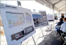  ??  ?? A SCHEMATIC OF THE NEW DISTRICT Services Center is on display at the groundbrea­king for the new building Thursday morning at the constructi­on site. In background, YUHSD board member Shelley Mellon addresses the gathering.