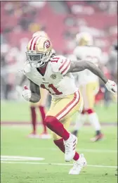  ?? JEFF LEWIS — THE ASSOCIATED PRESS ?? Wide receiver (11) Brandon Aiyuk has only 90 yards and one receiving touchdown among his eight receptions on 15 targets for the Niners.