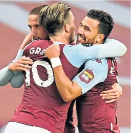  ?? Picture: PA. ?? Trezeguet, right, celebrates his winner for Villa with Jack Grealish and Conor Hourihane.