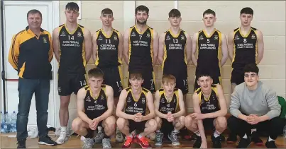  ??  ?? The Sliacbh Luachra Pobalscoil Rathmore basketball team that takes part in the All-Ireland Back, l-r: Coach Cormac Collins, David Gleeson, Paul O’Leary, Ronan Collins, Denis Mahoney, Andrew Moynihan and Tommy Bowler. Front, l-r: Damien Cronin, Daniel Moynihan, Mark Cronin, Paric Finnegan and Paudie O’Leary Missing from picture Mark O’Leary.