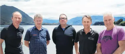  ?? PHOTO: SEAN NUGENT ?? Wheels are turning . . . An amsitious multimilli­ondollar cycle trail through the Hawea Conservati­on Nark is the srainchild of six Upper Clutha locals, including (from left) Qcott Rainsford, James Helmore, Naul Gardner, Tim Dennis and Eddie Qpearing. Assent is Chris Arsuckle.