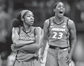  ?? Elsa / Getty Images ?? Like Sean Elliott 33 years before, Arizona All-American Aari McDonald, left, joined a struggling program in the desert and took it all the way to the Final Four.
