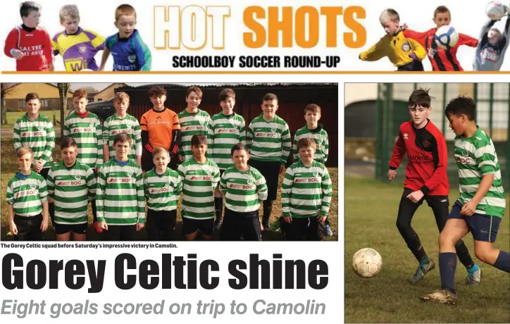  ??  ?? The Gorey Celtic squad before Saturday’s impressive victory in Camolin. Joe Doyle of Camolin Celtic tracking Fabio Feitinha (Gorey Celtic).