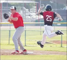  ?? RICK PECK/SPECIAL TO MCDONALD COUNTY PRESS ?? McDonald County first baseman Ethan Lett collects a throw to force out a runner during the 18U baseball team’s 10-9 win on June 21 over the Naturals Baseball Academy in Springdale, Ark.