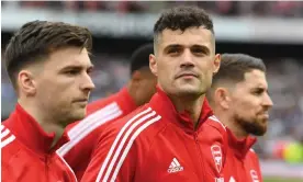  ?? Summer. Photograph: Stuart MacFarlane/Arsenal FC/Getty Images ?? Granit Xhaka (centre) is one of the senior Arsenal players that may leave the club in the