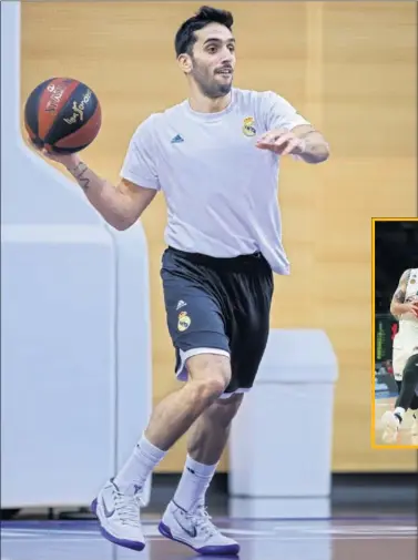  ??  ?? ES DUDA. Facundo Campazzo arrastra una lesión muscular. No jugó en Lugo, pero ayer se entrenó. En principio estará ante el Panathinai­kos, aunque se decidirá hoy antes del partido.