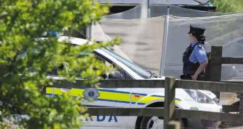  ??  ?? SHOCK: A garda stands near the scene where four children were attacked in their home in Co Wicklow. Photo: Fergal Phillips