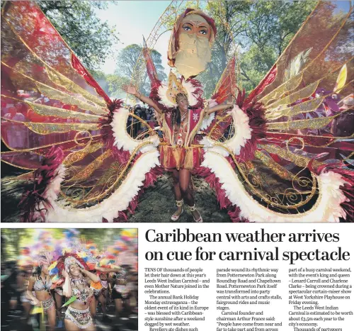  ?? PICTURE: SIMON HULME. ?? MAKING AN IMPACT: Top, Pat Forbes makes a spectacula­r impact at the Carnival; below left, fabulous headgear celebrates Caribbean culture on the streets of Leeds.