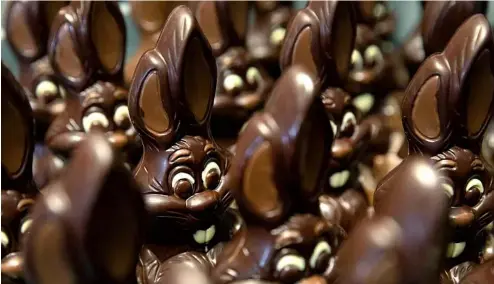  ?? ?? Chocolate rabbits wait to be decorated at the Cocoatree chocolate shop, April 2020, in Lonzee, Belgium.