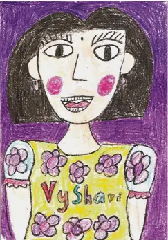  ??  ?? Child artist: Self-portrait in oil pastel by writer's eight-year-old daughter Vyshavi Nandan.