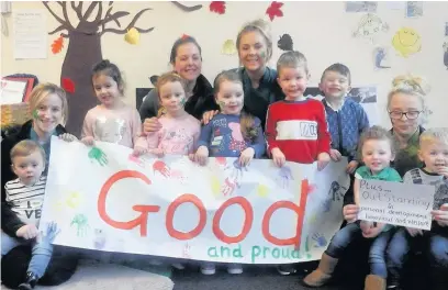  ??  ?? Children and staff at Early Baird’s Children’s Nursery in Great Harwood celebratin­g their latest Ofsted report