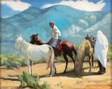  ??  ?? Roseta Santiago, Taos Afternoon, after Berninghau­s’ painting Ricardo and His Horses, oil on canvas, 16 x 20”