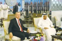  ?? (Reuters) ?? TURKISH PRESIDENT Recep Tayyip Erdogan (left) is shown meeting with Saudi Arabia’s King Salman in Jeddah yesterday in this Saudi government handout photo.