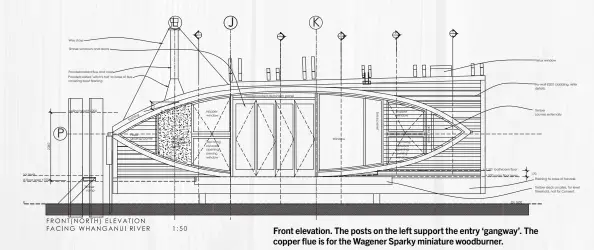  ??  ?? Front elevation. The posts on the left support the entry ‘gangway’. The copper flue is for the Wagener Sparky miniature woodburner.